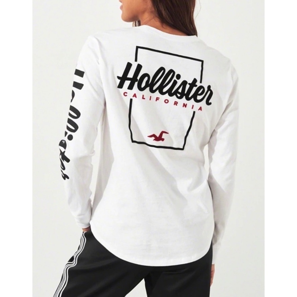 Hollister California White Long Sleeve Graphic Tee Curved Hem - XS